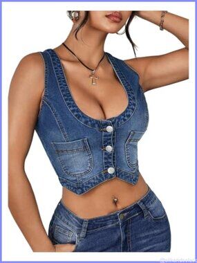 Plus Size Denim Vest Sleeveless Scoop Neck Cropped Corset Button Front